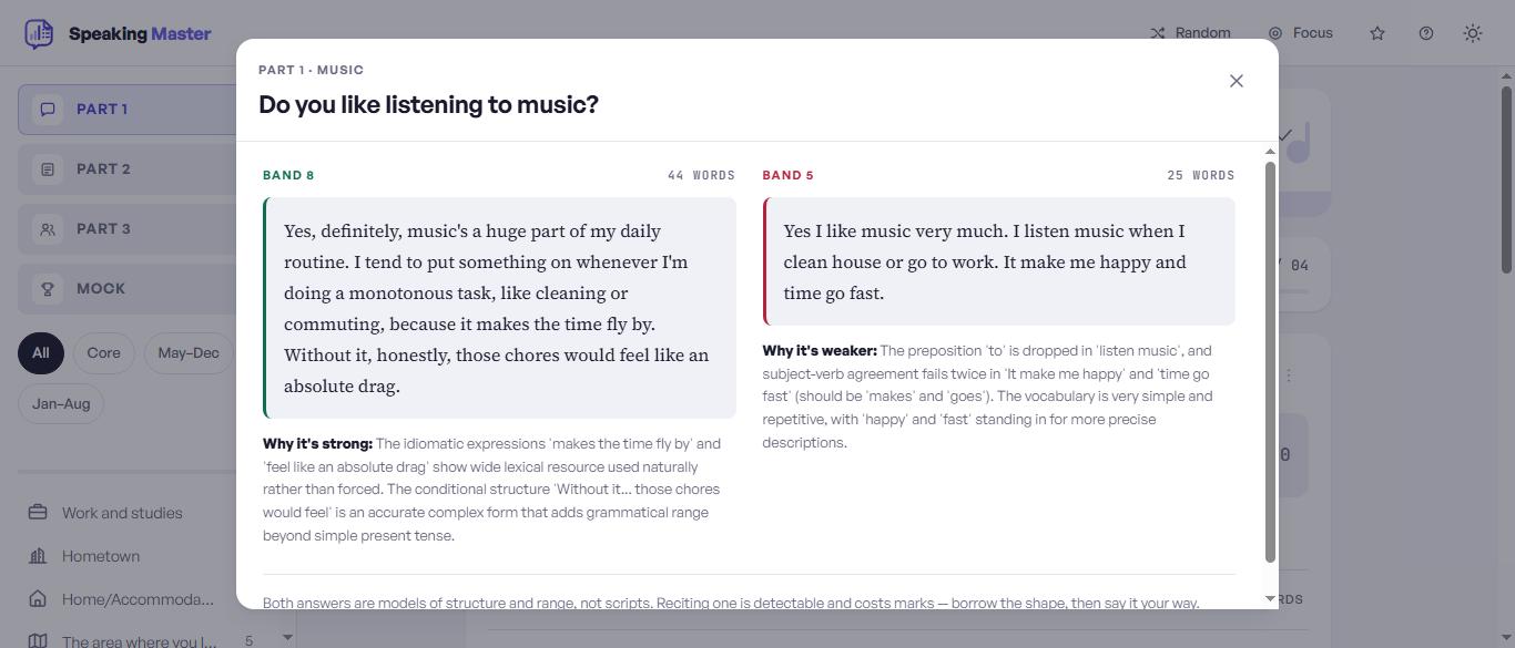 The Band 8 versus Band 5 comparison for the question Do you like listening to music, with both answers and written explanations of why each is strong or weak.