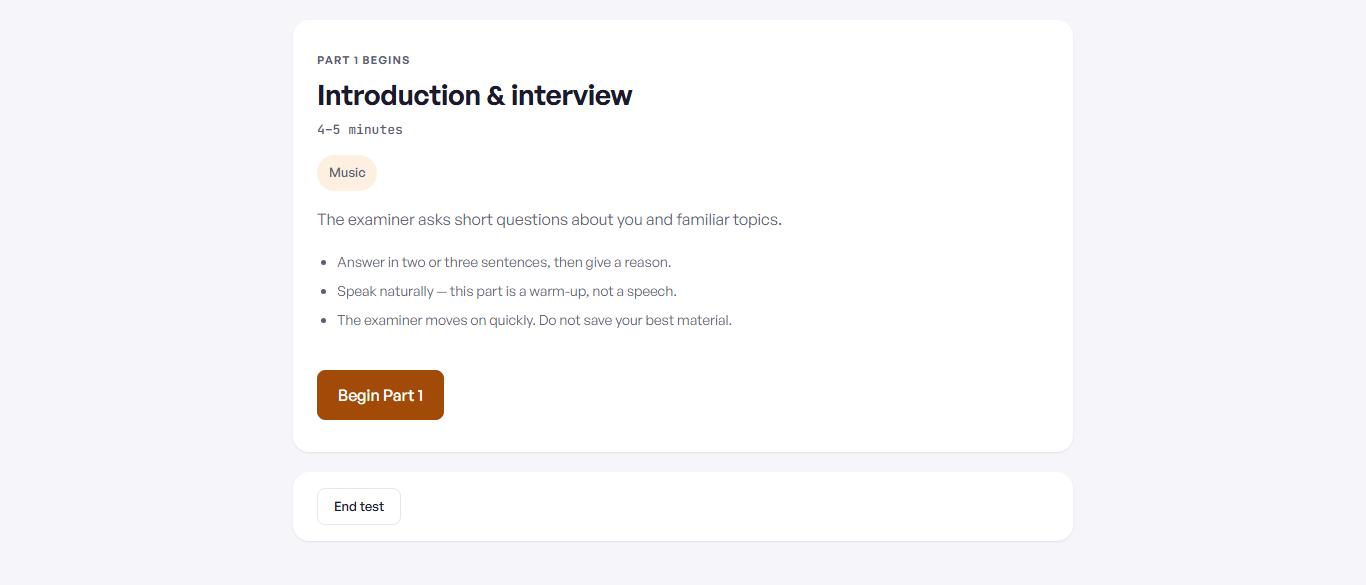 The mock test introduction screen for Part 1, showing the timing, the topic, and three things to focus on.